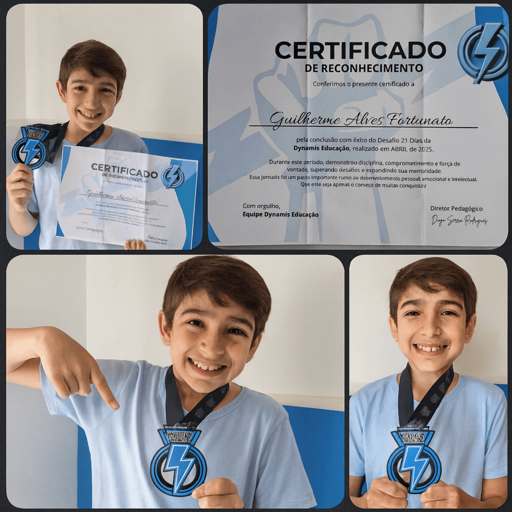 Aluno Dynamis com certificados, medalhas e troféus conquistados